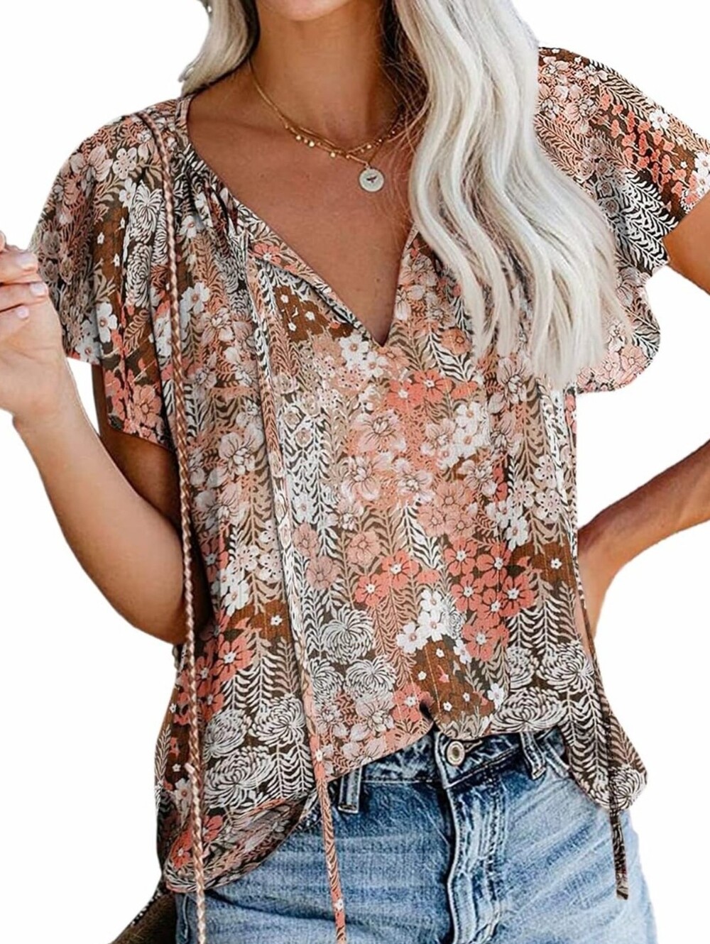 Women's Boho Floral V-Neck Short Sleeve Summer Blouse
